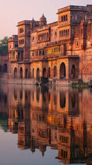 Naklejka premium Sunset reflections of ancient fort bundi india architecture photography serene landscape captivating view