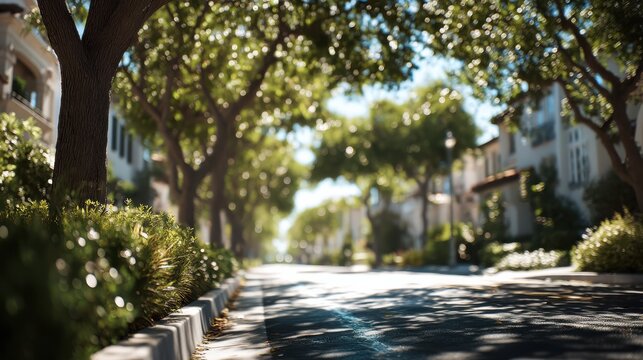A sunlit residential street lined with trees and greenery, creating a peaceful and shaded urban environment.