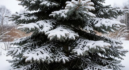 Snowy Blue Spruce Tree in Winter Landscape.