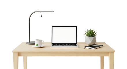 A light-filled, minimalist workspace scene displays a laptop computer, a desk lamp, a coffee cup, a succulent plant, and a notebook, all on a light-colored wooden desk against a dark background.