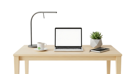 A light-filled, minimalist workspace scene displays a laptop computer, a desk lamp, a coffee cup, a succulent plant, and a notebook, all on a light-colored wooden desk against a dark background.