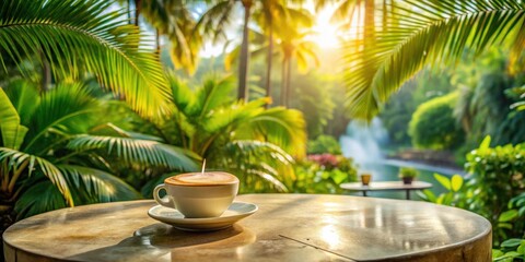 Obraz premium Morning coffee amidst lush tropical foliage and a tranquil water feature, a serene escape