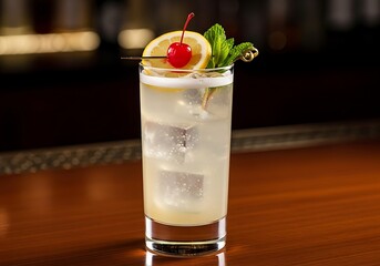 A refreshing gin fizz cocktail with a lemon slice, cherry, and mint garnish, served in a tall glass on a bar counter