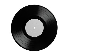 A vinyl record with a stark white label sits prominently against a black background.