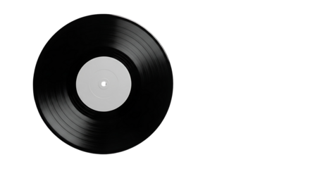 A vinyl record with a stark white label sits prominently against a black background.