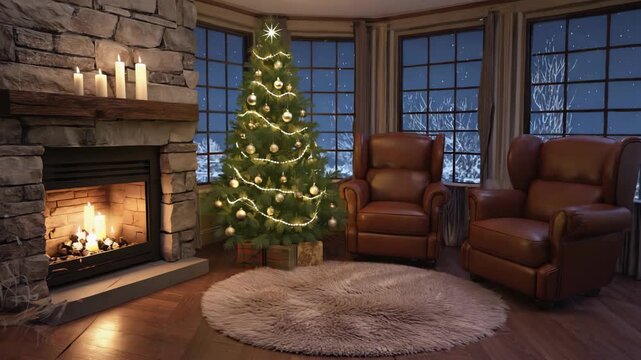 cozy room interior with christmas tree and candles and fireplace, christmas decoration, seamless loop, 4k Merry Christmas background