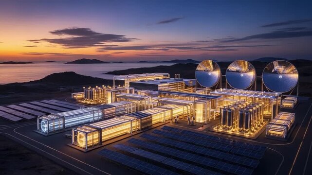 A Futuristic Energy Facility at Dusk: Solar Panels and Reflective Spheres Illuminate Innovative Infrastructure in a Seaside Landscape with a Stunning Sunset