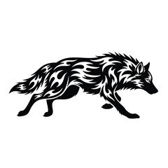A fierce walking wolf depicted in a black tribal flame tattoo style illustration.