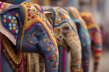 Decorated elephants parading through vibrant Indian streets during Hindu festival