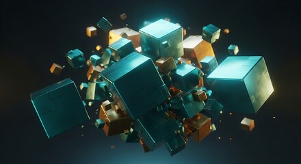 Floating Metallic Cubes in Dark Background