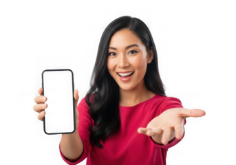Joyful asian woman holding smartphone screen outreach hand transparent background