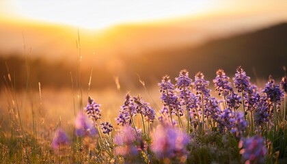 Obraz premium Close Up Of Purple Wildflowers With A Soft Bokeh Background In A Field At Sunset Light