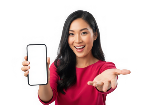 Joyful asian woman holding smartphone screen outreach hand transparent background - Powered by Adobe