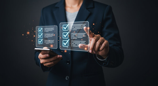 A businesswoman interacts with a digital checklist on a smartphone, symbolizing task management, project planning, and the use of technology in business operations - Powered by Adobe