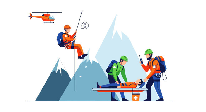 Mountain rescue team providing emergency medical assistance to injured climber.