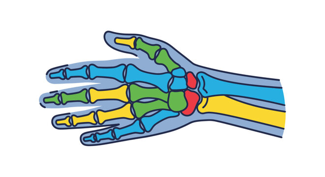 Colorful Anatomical Illustration of Human Hand Bones.