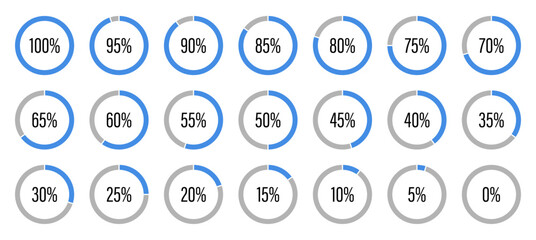 Template of blue and gray color fill pie charts indicator. Round graph loading progress set. Blue progress bars. Circle diagrams icons for infographics from 100 to 0 percent. Round percentage infograp