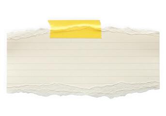 Torn off-white paper piece attached with yellow tape for notes or messages transparent background