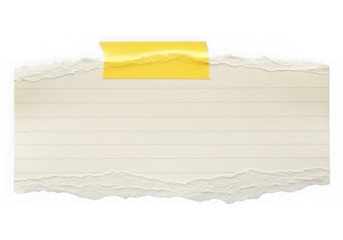 Torn off-white paper piece attached with yellow tape for notes or messages transparent background