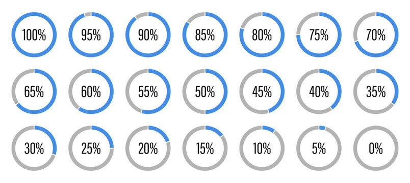 Template of blue and gray color fill pie charts indicator. Round graph loading progress set. Blue progress bars. Circle diagrams icons for infographics from 100 to 0 percent. Round percentage infograp