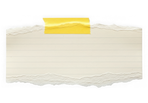 Torn off-white paper piece attached with yellow tape for notes or messages transparent background