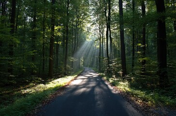 Fototapeta premium Sunbeams stream through a dense forest canopy, illuminating a dark road winding into the distance, creating a serene, nature-filled vista