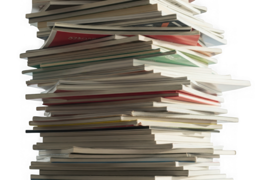 Precarious towering stack of old magazines and thin papers close up detailed texture transparent background