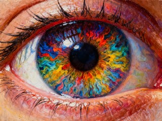 A stunning close-up of a human eye with a vibrant blue and orange iris, showcasing intricate patterns and a glossy finish. Ideal for medical, beauty, or creative projects, with ample negative space ag
