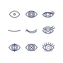 A set of minimalist black line art icons depicting various states of the human eye including open closed and vision symbols.