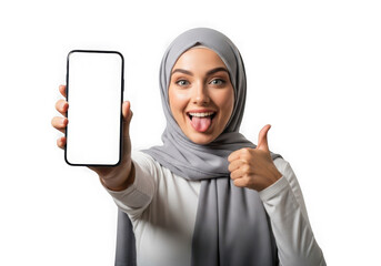 Joyful young woman in hijab shows smartphone and thumbs up gesture transparent background