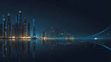 Obraz premium sTwilight in the Smart digital Innovation city with connection network reciprocity over the cityscape. of future smart wireless digital city and social media networking systems that connects people