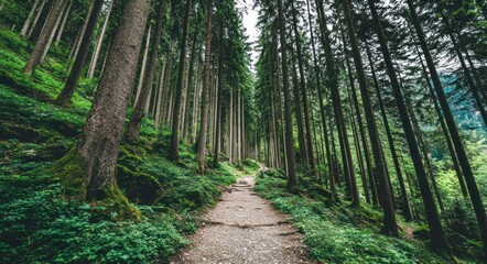 Obraz premium A gravel path winds upwards, lined by tall evergreen trees reaching towards the sky, with green foliage covering the forest floor