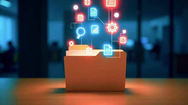 Digital folder with floating icons representing data management in a modern office setting