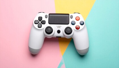 Modern gaming controller with sleek ergonomic design colorful buttons and digital entertainment device on plain colorful background
