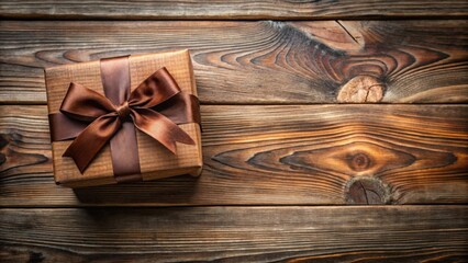 Fototapeta premium A thoughtfully wrapped gift box with a rich brown ribbon rests on a rustic wooden surface, ready for a special occasion.
