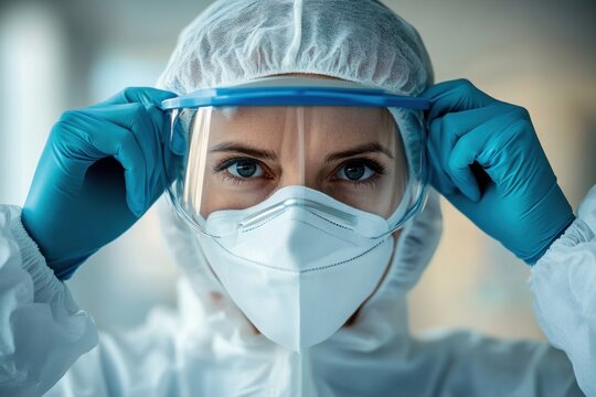 Medical worker wearing protective equipment adjusting face shield. Female healthcare professional in gloves mask and goggles ensures safety and hygiene in clinical environment.