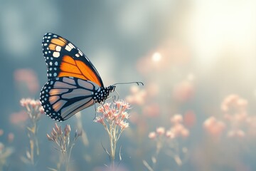 A monarch butterfly with orange and black wings delicately perched on a cluster of soft pink flowers in a sunlit meadow.
