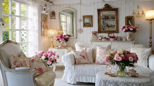 A charming, light-filled living room boasts a delightful, elegant aesthetic with a profusion of soft pinks and whites.