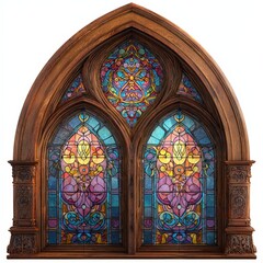 Obraz premium Gothic Stained Glass Window with Ornate Wooden Frame Architectural Design Element for Church or Home Decor