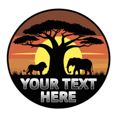African Safari Wildlife Logo Vector with Lion Elephant and Baobab Tree Silhouette at Sunset Retro Adventure Badge Design