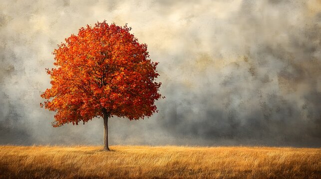 A lone tree with vibrant autumn leaves stands in a golden field under a dramatic sky.