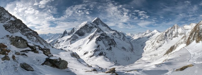 Majestic panoramic view of snowy mountains under a partly cloudy sky, with rocks and a valley in the foreground