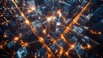 Abstract cityscape at night with illuminated digital network connections and data flows.