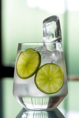 A clear cocktail with ice and lime slices in a modern glass with a blurred background