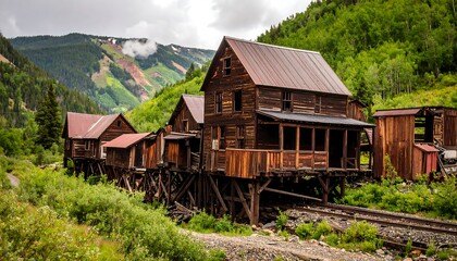 Old wooden buildings in a mountain valley