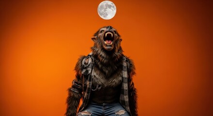 Furious werewolf howling at the full moon on a bright orange background
