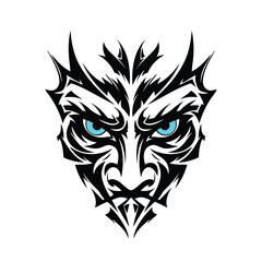 Aggressive mythical beast face in a black tribal tattoo style with luminous blue eyes.
