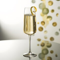 Champagne flute with bubbly drink and lemon twist garnish
