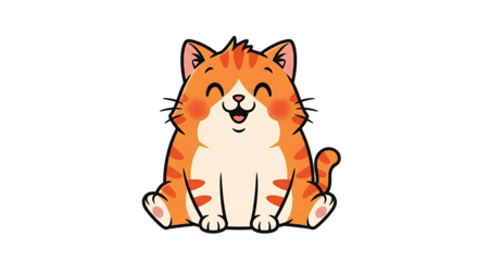 A cheerful, cartoonish orange tabby cat sits happily against a striking black background.