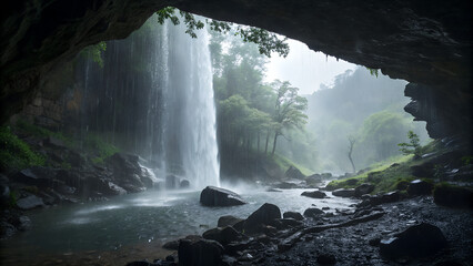 Hidden Rainy Waterfall Cave – Looking out from behind a waterfall while rain falls beyond.